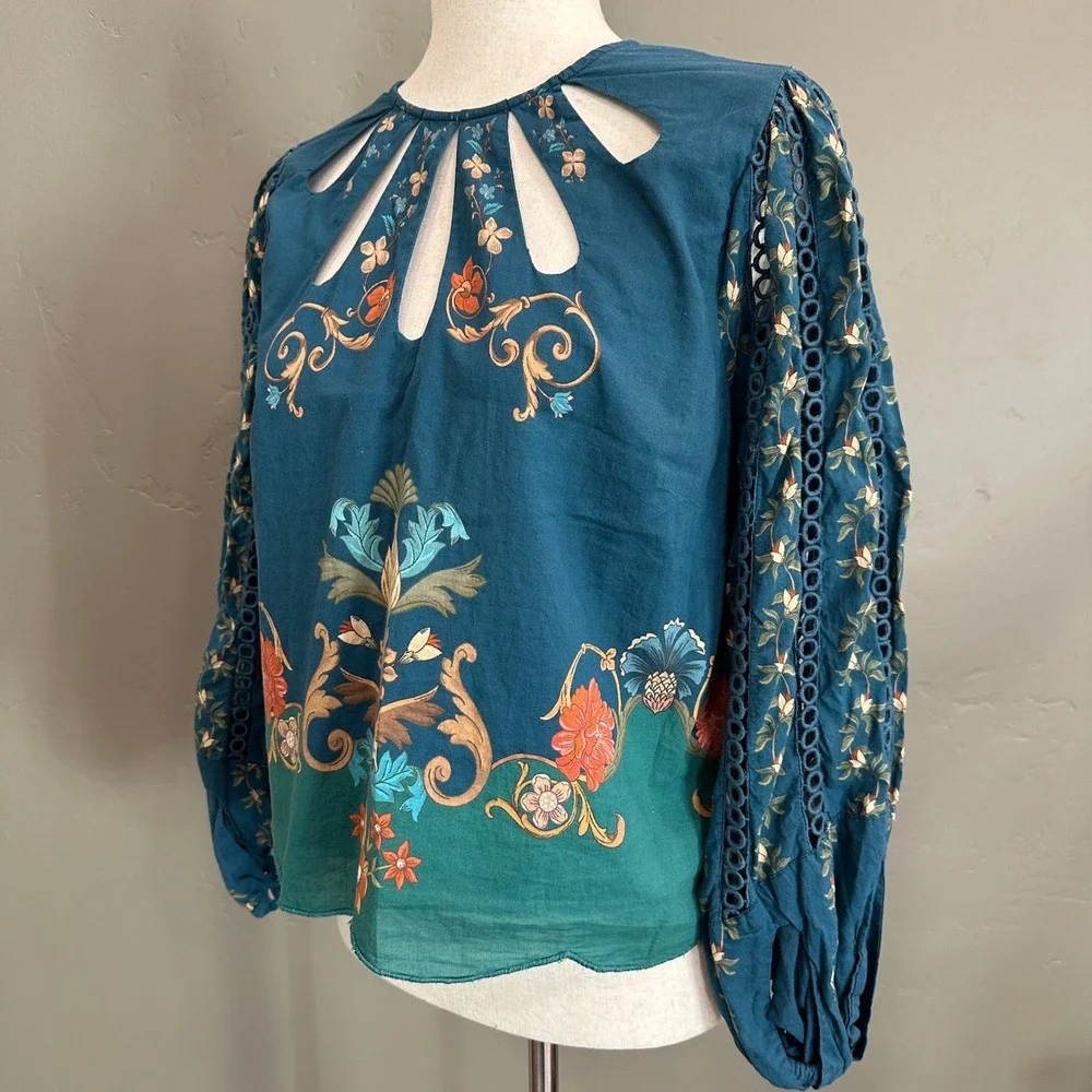 Farm Rio Cutout Blouse M Teal Blue Cutout Boho Peasant Anthropologie Romantic